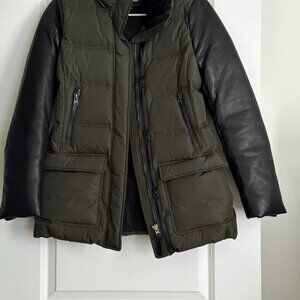 MACKAGE Women's Down Leather Sleeve Puffer Coat in Green/Black Size S
